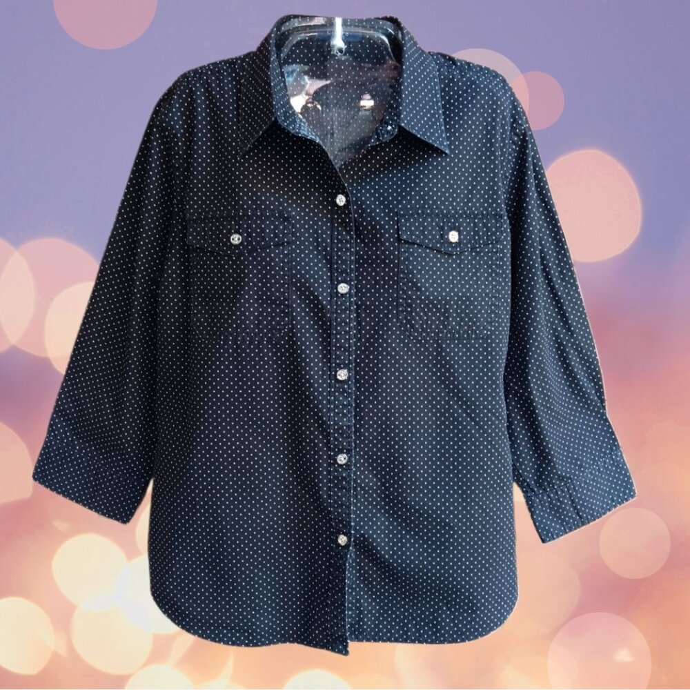 Chaps Women's Size M Top Blouse Button Front Long Sleeves Black Polka Dot